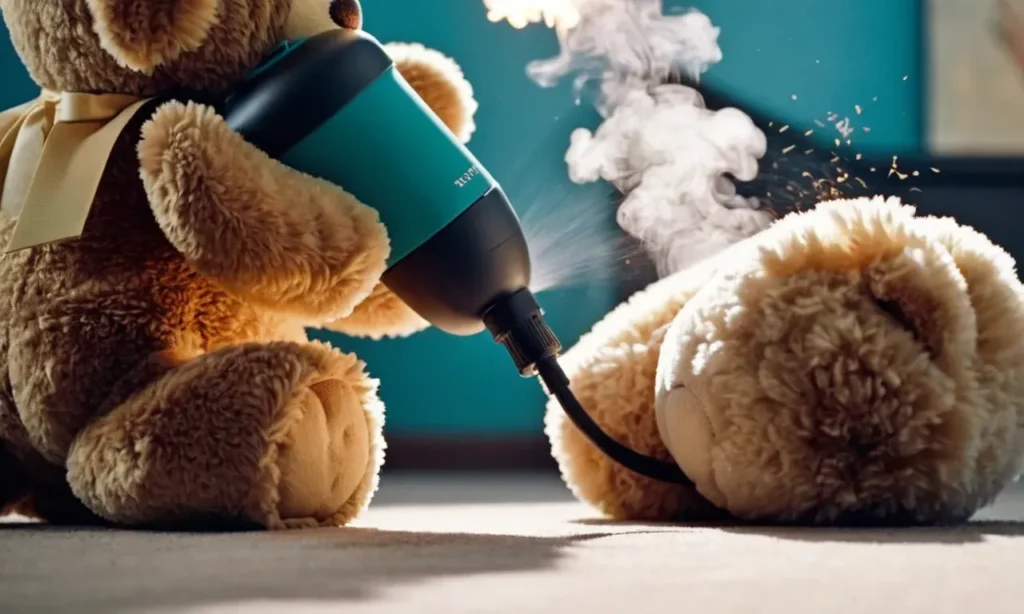 A teddy bear being steam-cleaned with a handheld steamer, releasing visible steam onto another plush bear lying on the floor.