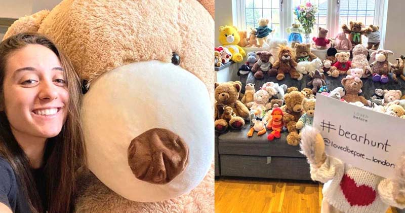 A woman smiles while posing with a giant teddy bear on the left, and on the right a room filled with dozens of stuffed bears arranged on a couch, with a smaller bear holding a sign that reads “#bearhunt @lovedbefore_london.”