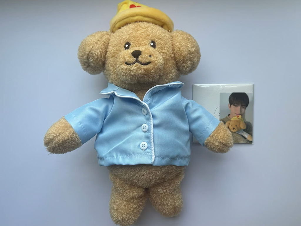 A fluffy light-brown teddy bear wearing a light-blue pajama shirt and a yellow hat, displayed on a white background next to a small photo card of a person holding the same bear.