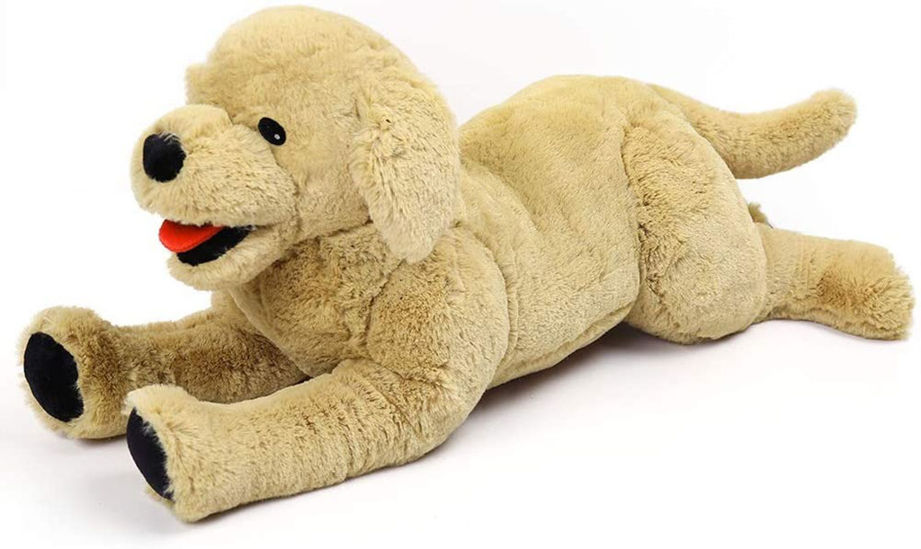 Soft beige golden retriever plush dog lying down with open mouth and red tongue visible.