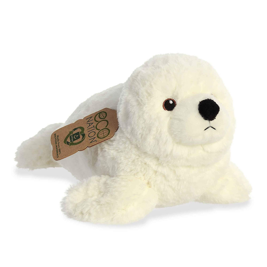 Soft white seal plush toy with eco-friendly tag, featuring a fluffy body, black nose, and embroidered eyes, ideal for sustainable stuffed animal collections.