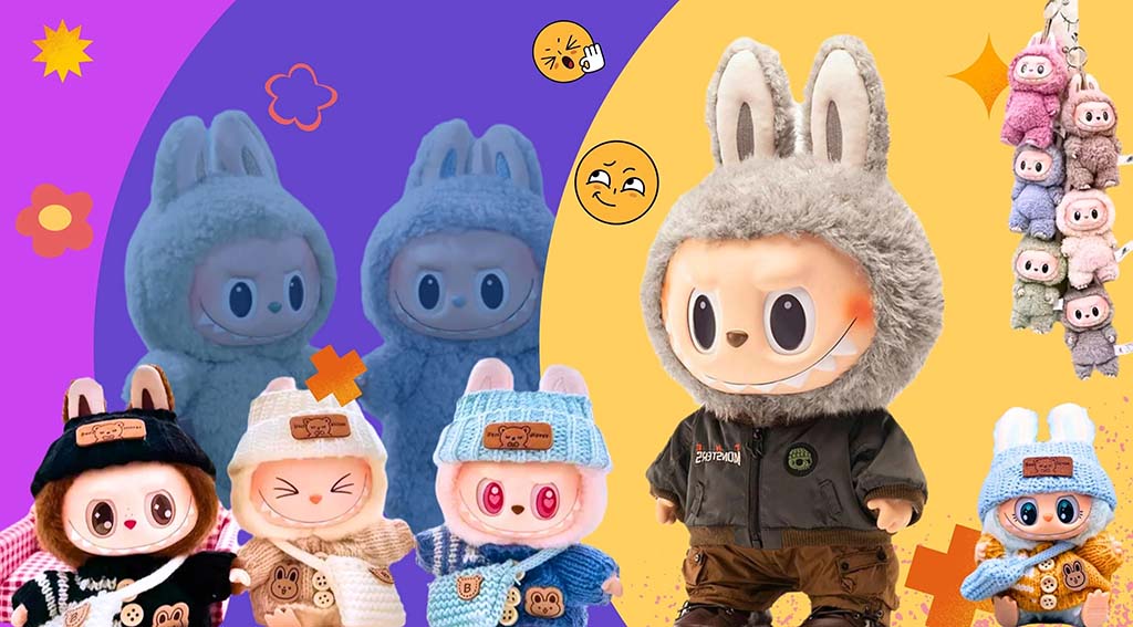 A vibrant collage featuring multiple Labubu-style plush dolls in various outfits and colors, including large and mini versions. The background includes playful shapes and emojis, with keychains displayed on the right and several dressed plush characters lined up at the bottom.