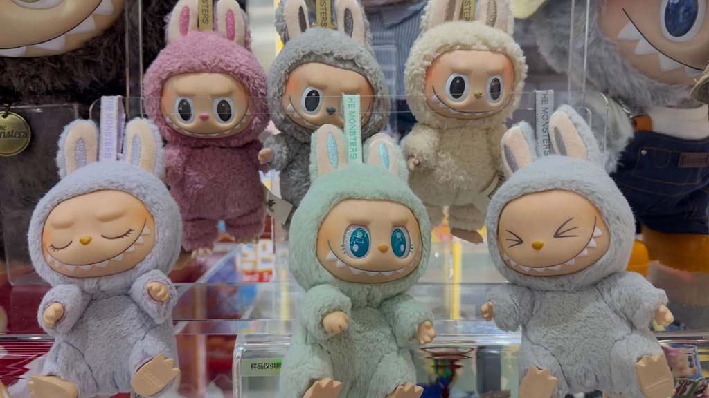 A colorful collection of Labubu bunny-themed designer plush figures with different facial expressions and pastel costumes on display shelves.