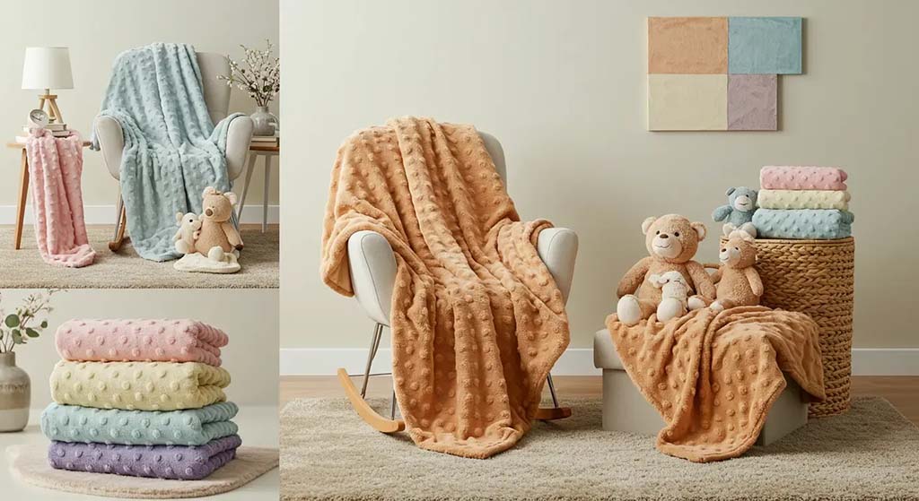Cozy room setup featuring pastel-colored minky blankets and soft plush teddy bears, showcasing the fabric’s dotted texture, warmth, and comfort for baby and plush toy products.