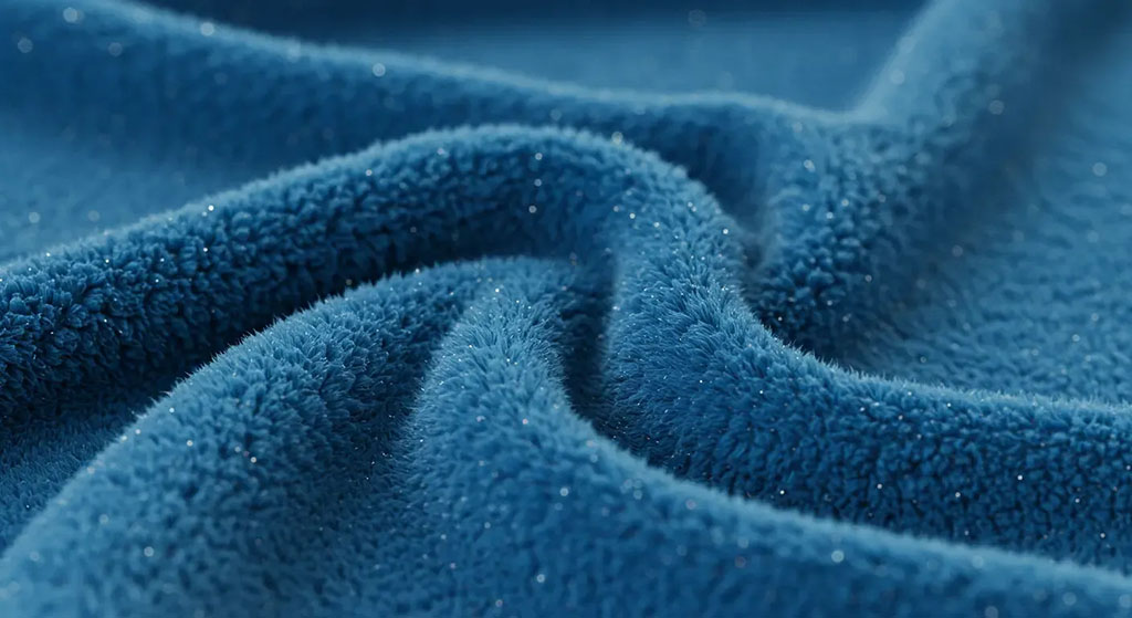 Soft blue fleece fabric with a fluffy texture and subtle shimmer, showing the warmth and plush quality ideal for stuffed toys and cozy blankets.