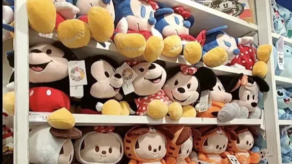 Shelves filled with various Disney-style plush toys, including characters with large round faces, colorful outfits, and soft textures, neatly arranged in a retail display.