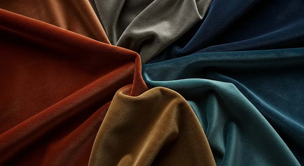 Close-up of luxurious velvet fabrics in rich earth and jewel tones showing soft texture and elegant drape, ideal for plush toys, upholstery, and decorative use.