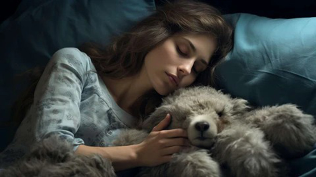 A woman peacefully sleeping while hugging a large grey teddy bear, illustrating the calming and emotional comfort plush toys provide to adults.
