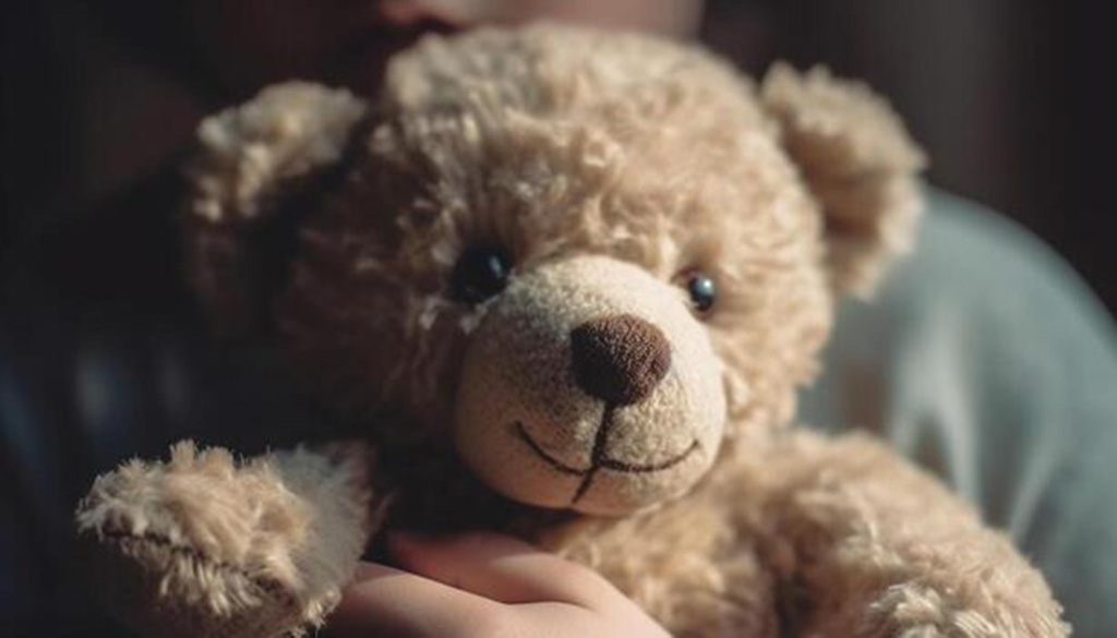 Soft brown teddy bear with a smiling face being gently held by a child, symbolizing warmth, comfort, and companionship.