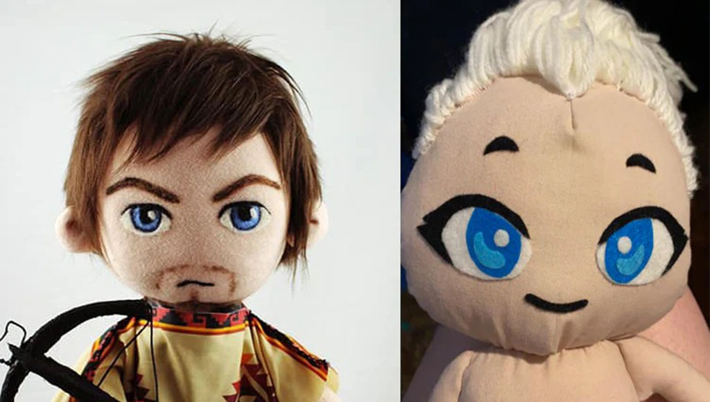 Two custom plush dolls side by side: the left features a realistic-style male character with brown hair, blue eyes, and a crossbow; the right shows a cute stylized character with large blue eyes and white hair.