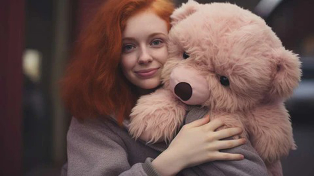 A smiling young woman with red hair hugging a large pink teddy bear, representing warmth, emotional comfort, and the enduring affection for plush toys.