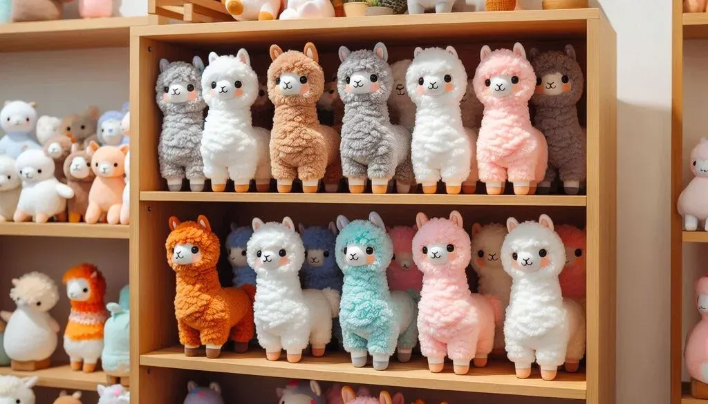 A wooden shelf filled with neatly arranged alpaca plush toys in various pastel colors, including white, grey, pink, blue, and orange, displayed in a toy store setting.