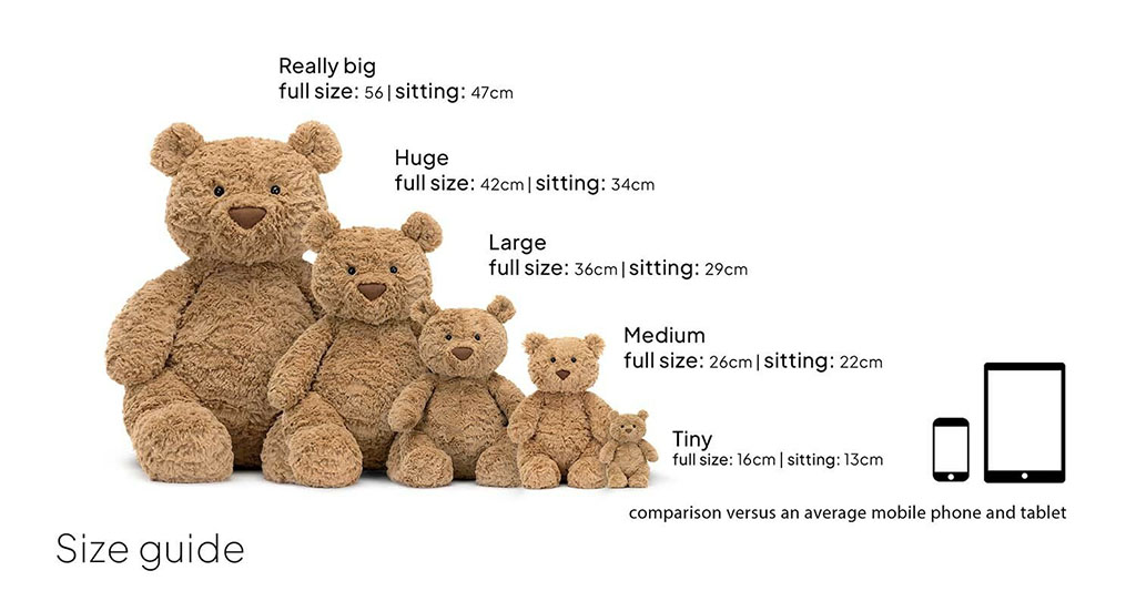 Size comparison chart showing five teddy bears from tiny to really big, with height measurements and scale reference to a phone and tablet.