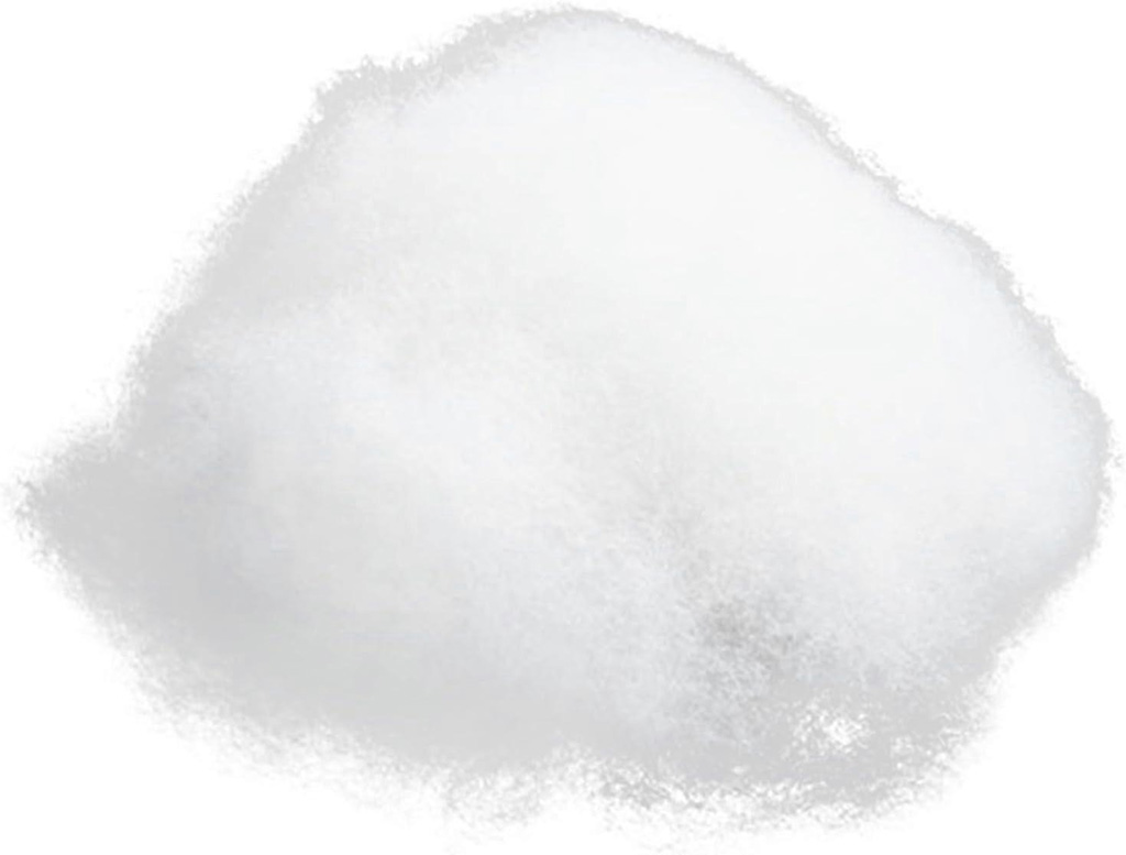 A soft white pile of polyester fiberfill stuffing commonly used inside plush toys, pillows, and handmade stuffed animals.
