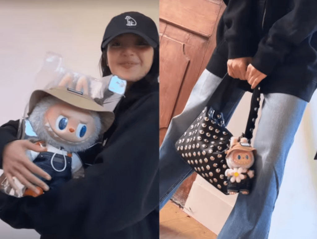 Split image showing a woman holding a large Labubu plush in a clear bag on the left, and carrying a studded handbag with a mini Labubu plush charm on the right.