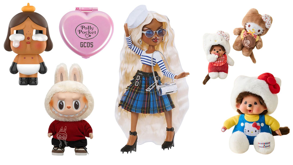 A collage of various collectible toys including a fashion doll, designer vinyl figures, Monchhichi dolls with Hello Kitty outfits, a Labubu-style plush figure, and a pink Polly Pocket heart compact, all arranged against a white background.