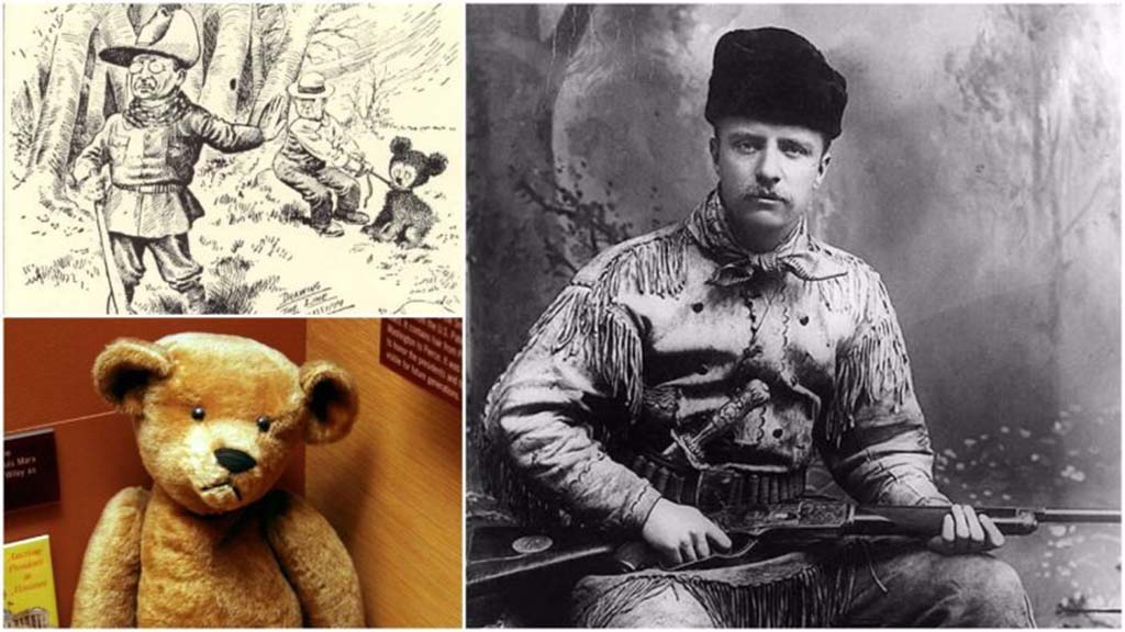Historical collage showing a vintage teddy bear, an old cartoon of a bear hunt, and a portrait of a man in hunting attire, illustrating the story behind the teddy bear’s creation.