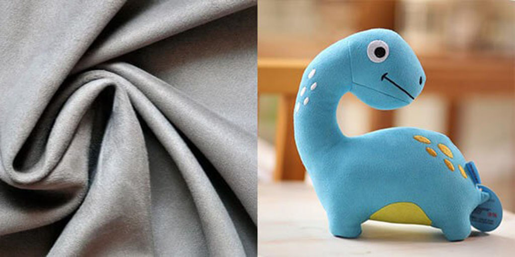 Side-by-side image showing soft gray faux suede fabric on the left and a blue dinosaur plush toy made from faux suede material on the right.