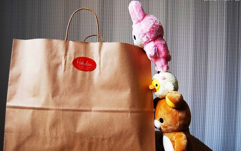 Three cute plush toys—including a pink bunny, a yellow chick, and a brown bear—peeking out from behind a large brown paper shopping bag with a red Hokulani label.