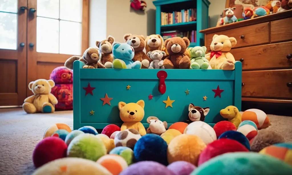 A vibrant children’s playroom with a blue toy chest filled with teddy bears and stuffed animals, surrounded by soft plush balls on the floor.