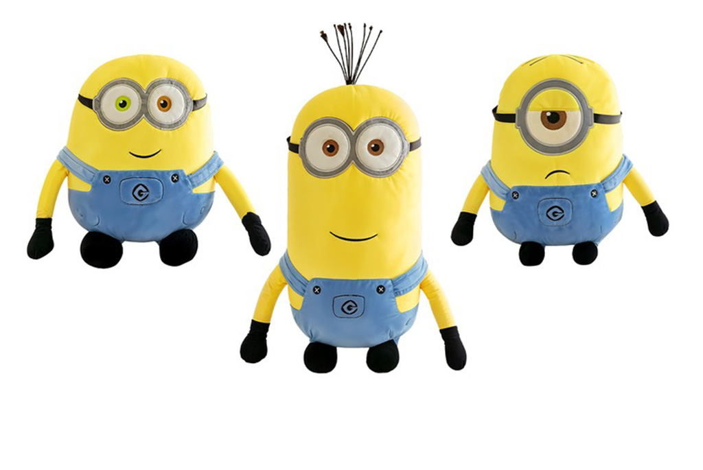 Three yellow Minion plush toys wearing blue overalls, featuring one-eye and two-eye designs, displayed on a white background for character merchandise or custom plush production.