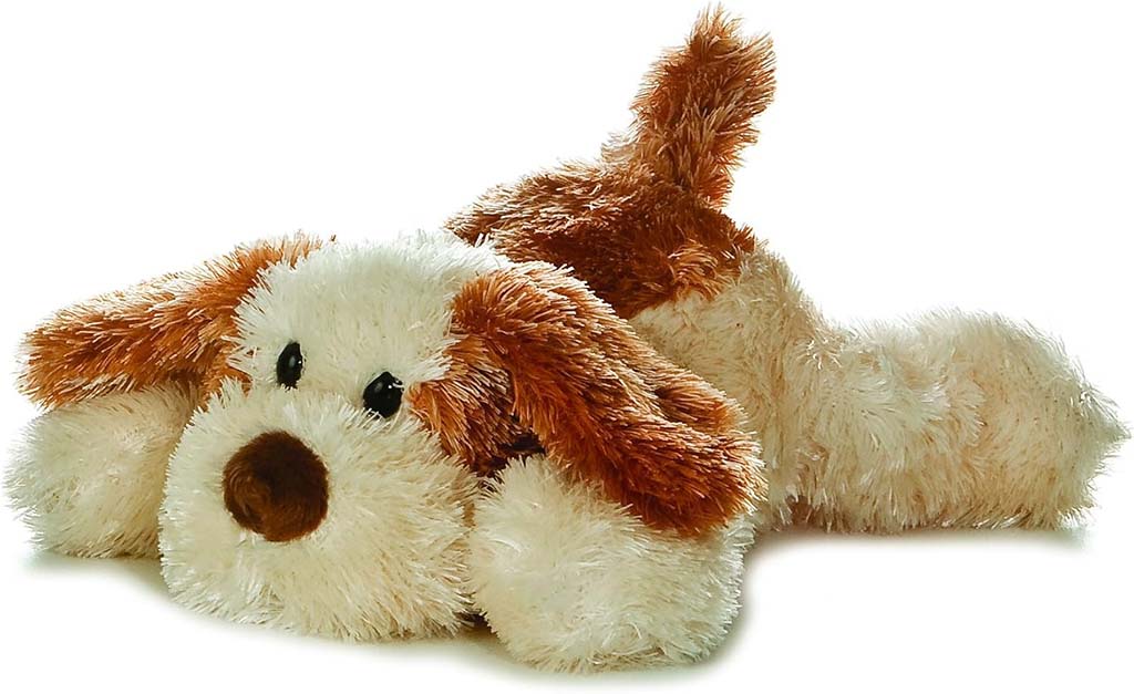 Soft floppy puppy plush toy in brown and white colors, featuring long ears, fuzzy fur, and a relaxed lying pose, ideal for children or custom plush manufacturing.
