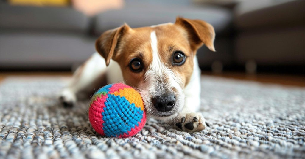 Small brown-and-white dog lying on a carpet while holding a colorful woven toy ball.