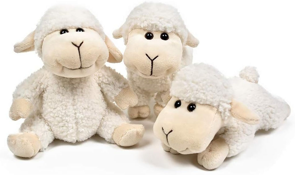 Three soft white plush sheep toys with smiling faces, two sitting upright and one lying down, displayed against a clean white background.