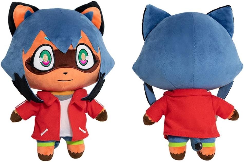 Front and back views of a blue-haired fox-themed plush toy wearing a red jacket, white shirt, and colorful pants, featuring large expressive eyes and soft fabric details.