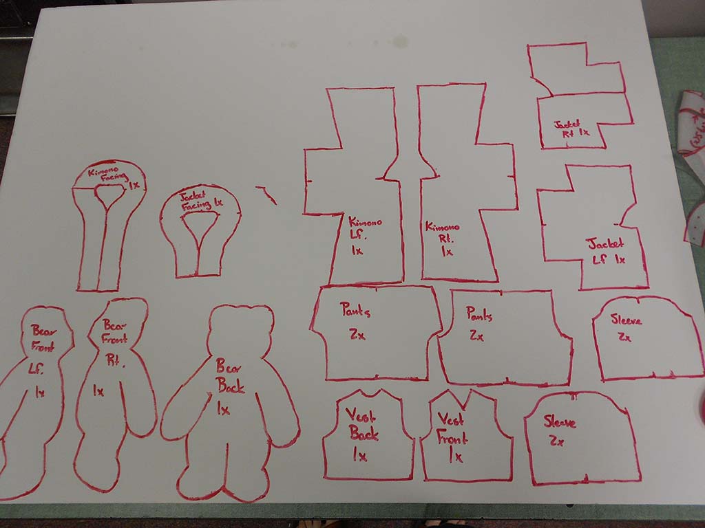 Hand-drawn plush toy sewing patterns outlined in red on white paper, showing bear body pieces, clothing templates, kimono parts, jacket pieces, pants, vest, and sleeves used for custom plush toy design and production.