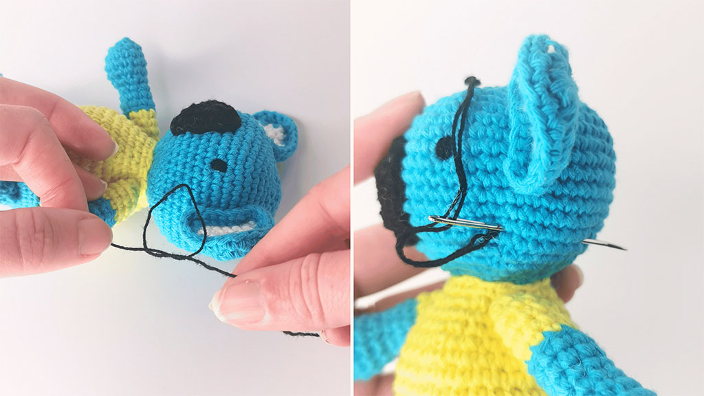 Close-up photos showing hands embroidering facial details onto a blue and yellow crocheted amigurumi animal using a needle and black yarn.