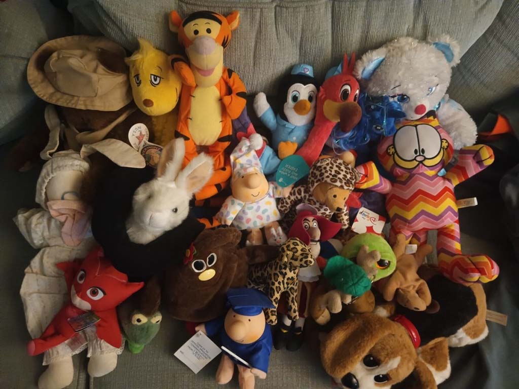 A vibrant assortment of plush toys including animals and cartoon characters, arranged together on a couch in various colors and sizes.