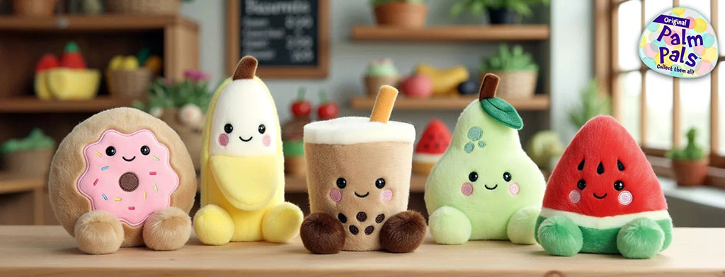 A lineup of adorable fruit- and food-themed plush toys, including a donut, banana, bubble tea, pear, and watermelon, displayed on a wooden table in a bright, cozy room.