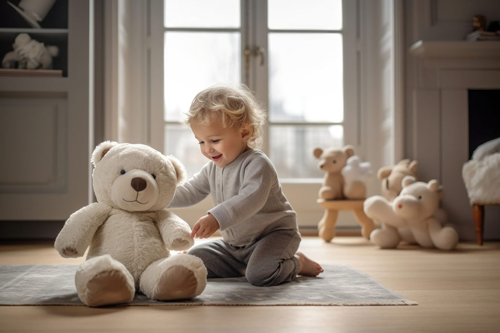 Smiling toddler sitting on a soft rug in a bright room, happily playing with a big white teddy bear surrounded by other plush toys.