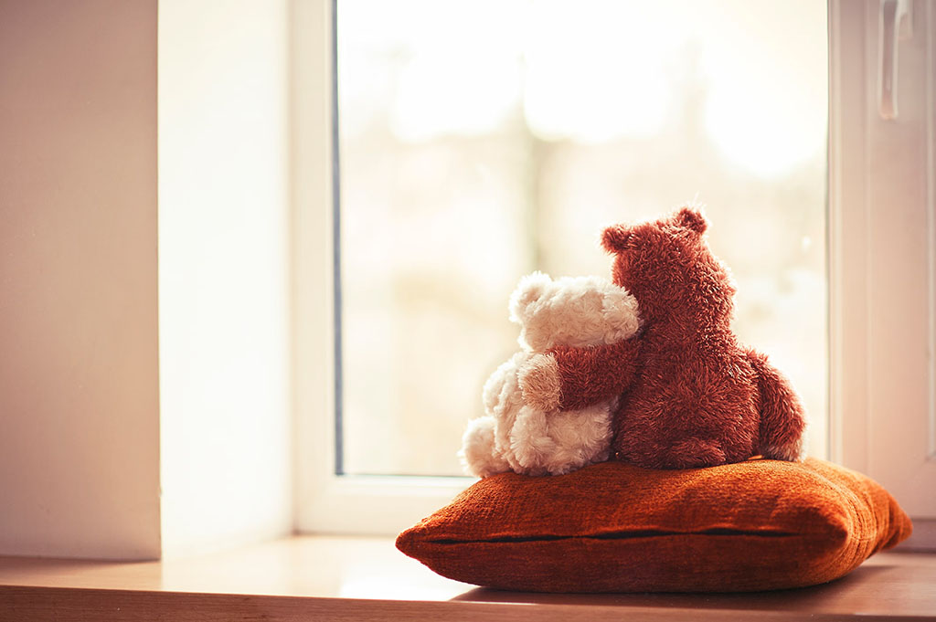 Two teddy bears sitting on a cushion by the window, hugging and looking outside together.