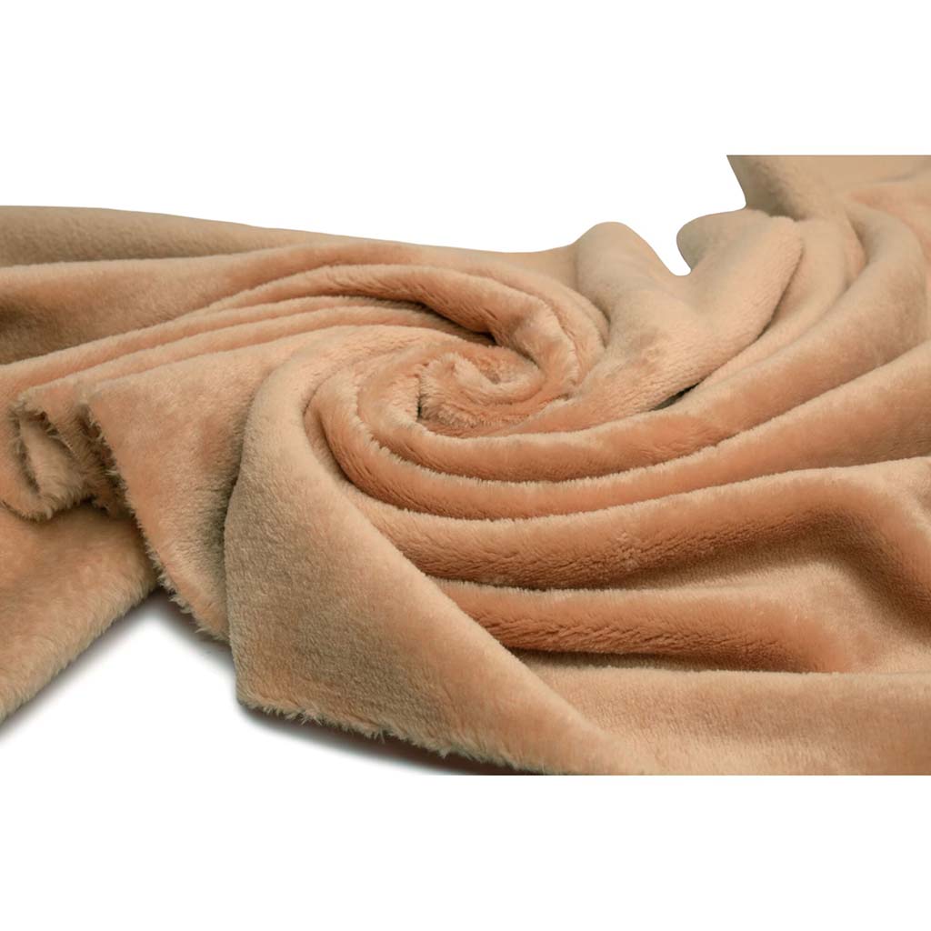 Soft beige plush fabric rolled into a swirl, showing its smooth, velvety texture.