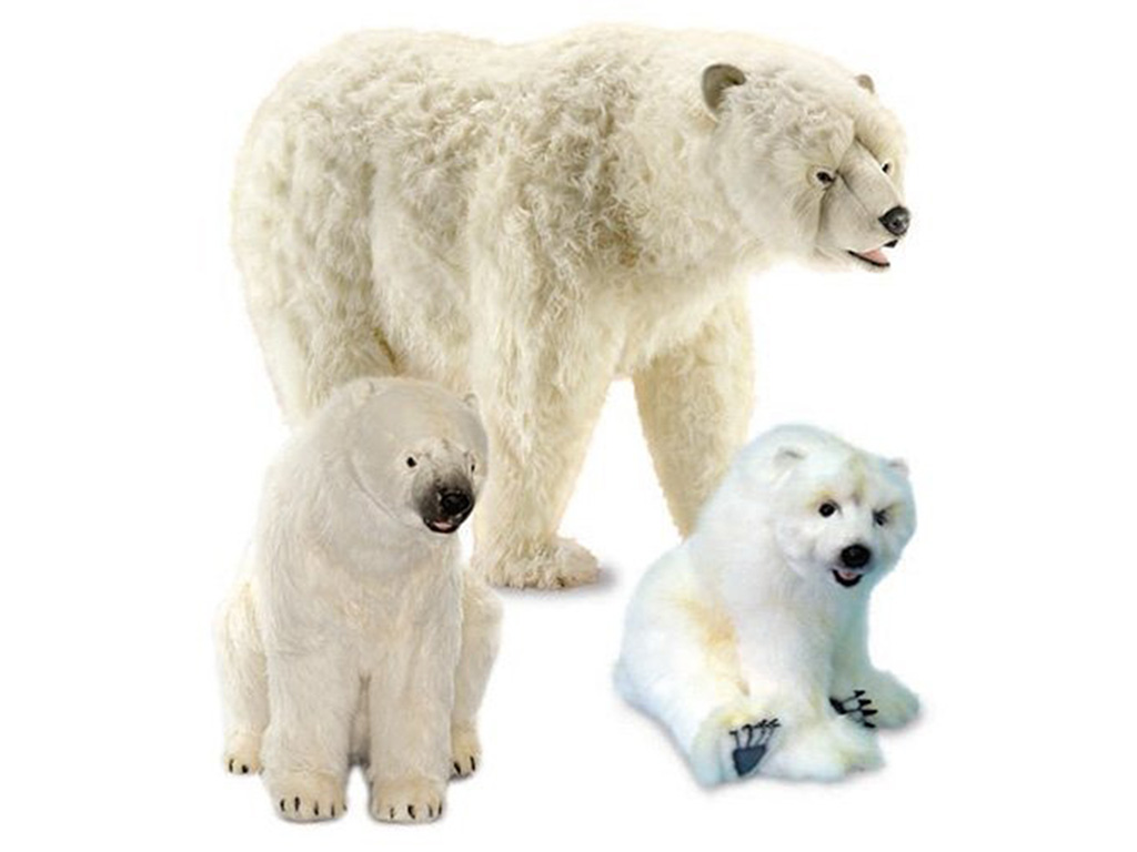 Three white polar bear plush toys in different poses — standing, sitting, and reclining — with lifelike fur and realistic facial details.