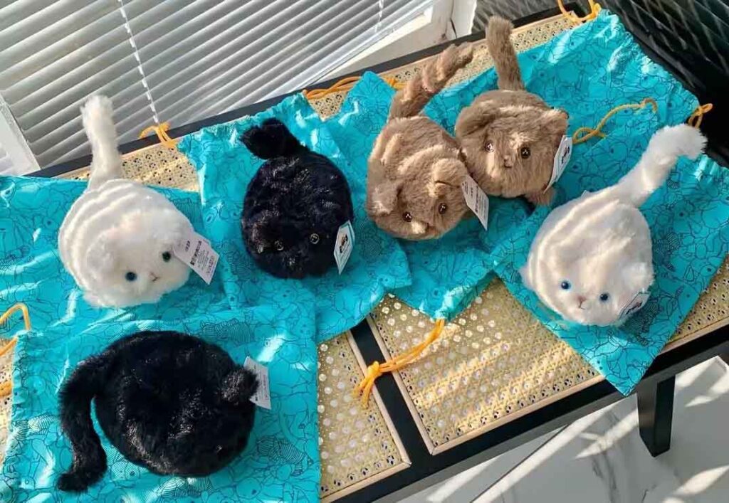 A row of Jellycat kitten plush toys in different colors—white, black, and brown—lying on blue patterned fabric mats, viewed from above with sunlight casting soft shadows.