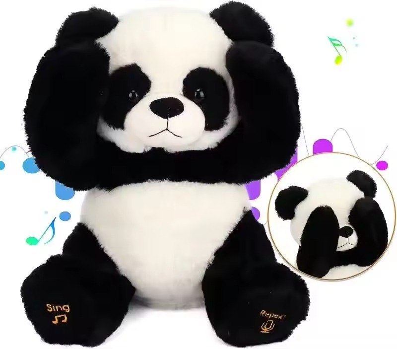 Interactive panda plush toy with black-and-white fur, covering its ears playfully, featuring singing and repeat-what-you-say functions, shown with musical note graphics.