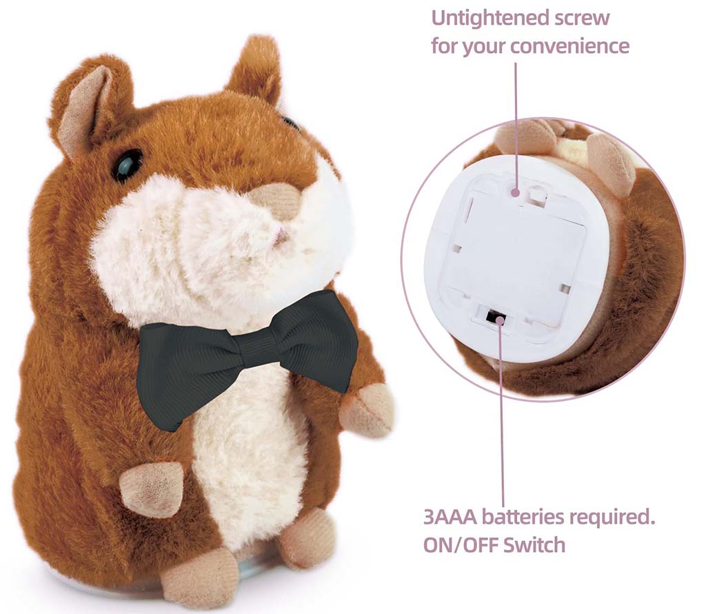 alking hamster stuffed animal wearing a black bow tie, with a removable battery compartment on the back showing an untightened screw, ON/OFF switch, and space for 3 AAA batteries