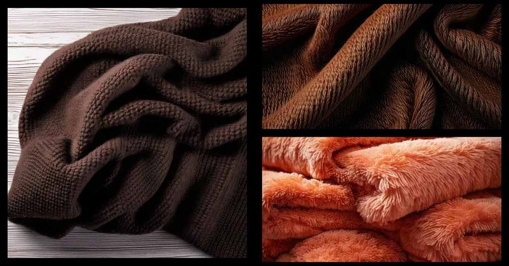 Comparison of fleece fabric textures, showing knit fleece folds and plush fleece with soft, fluffy pile in brown and warm orange tones.