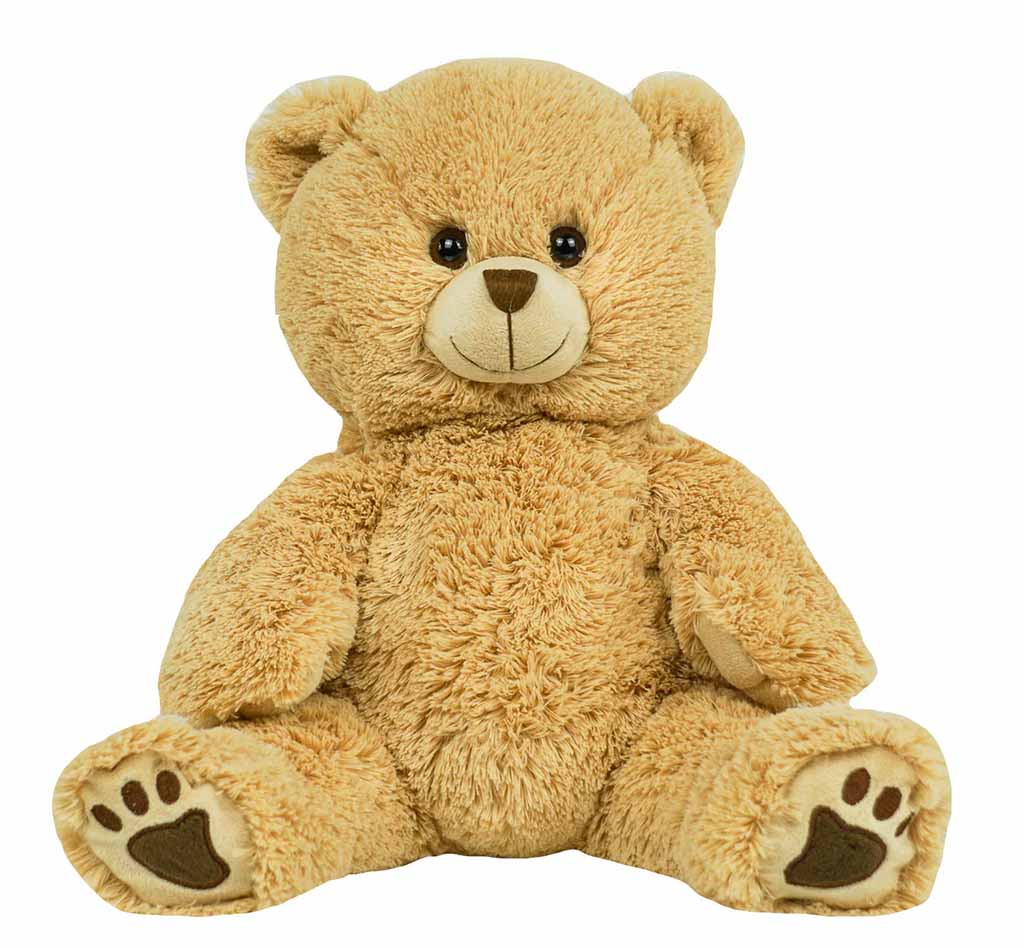 Classic light brown teddy bear plush toy with soft long fur, round ears, embroidered smile, and paw pad details, sitting upright.