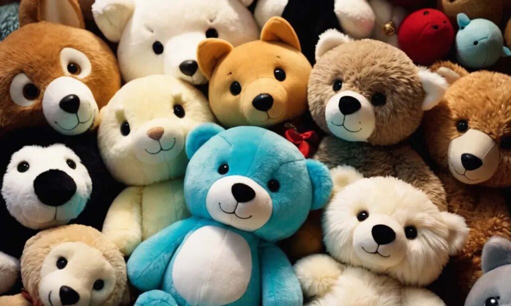 A colorful assortment of plush teddy bears tightly arranged together, featuring various sizes, soft textures, and pastel to neutral tones with friendly stitched faces.