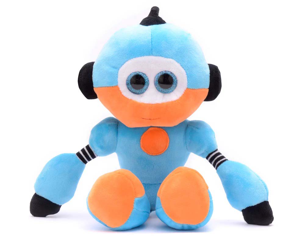 Blue and orange robot plush toy with round eyes, soft fabric body, and seated pose, designed for cuddling and play.