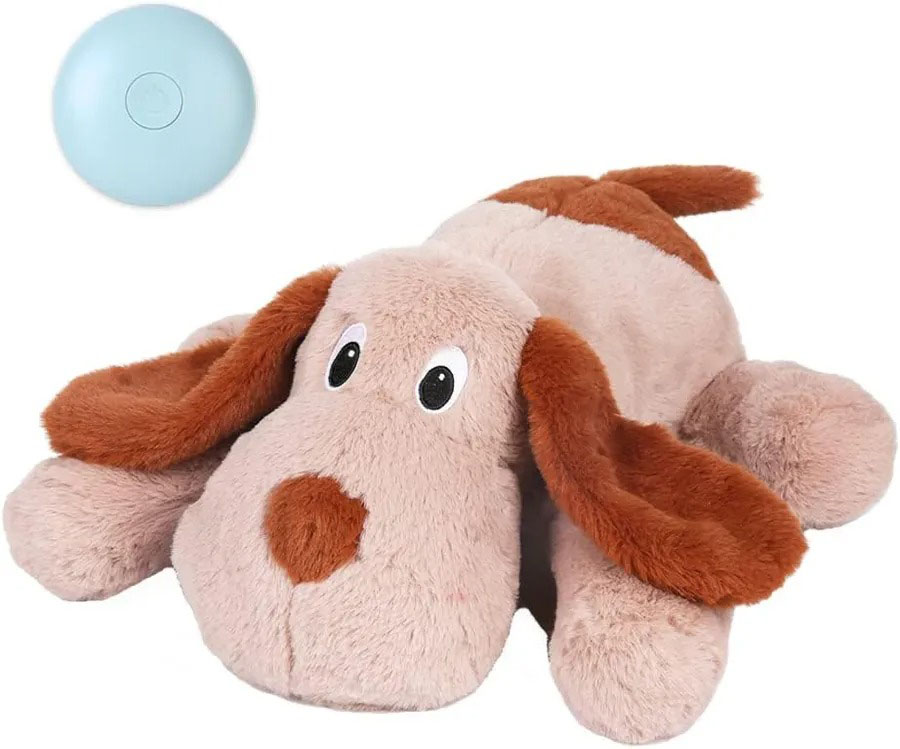 Soft plush dog toy lying flat with floppy ears and a gentle expression, designed for cuddling and comfort.