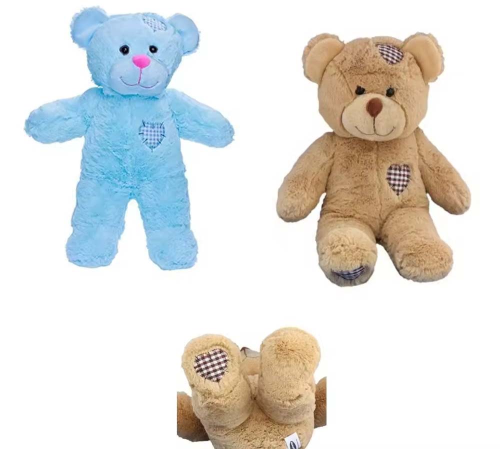 Two teddy bear plush toys shown on a white background, including a light blue bear and a brown bear with fabric heart patches, plus a close-up view of the brown bear’s foot detail.