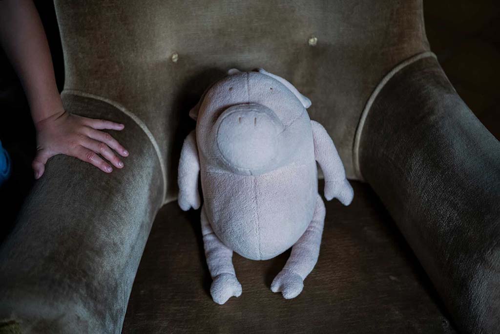 Soft plush toy sitting upright on a cushioned armchair, with a child’s hand resting on the chair beside it in a dimly lit room.