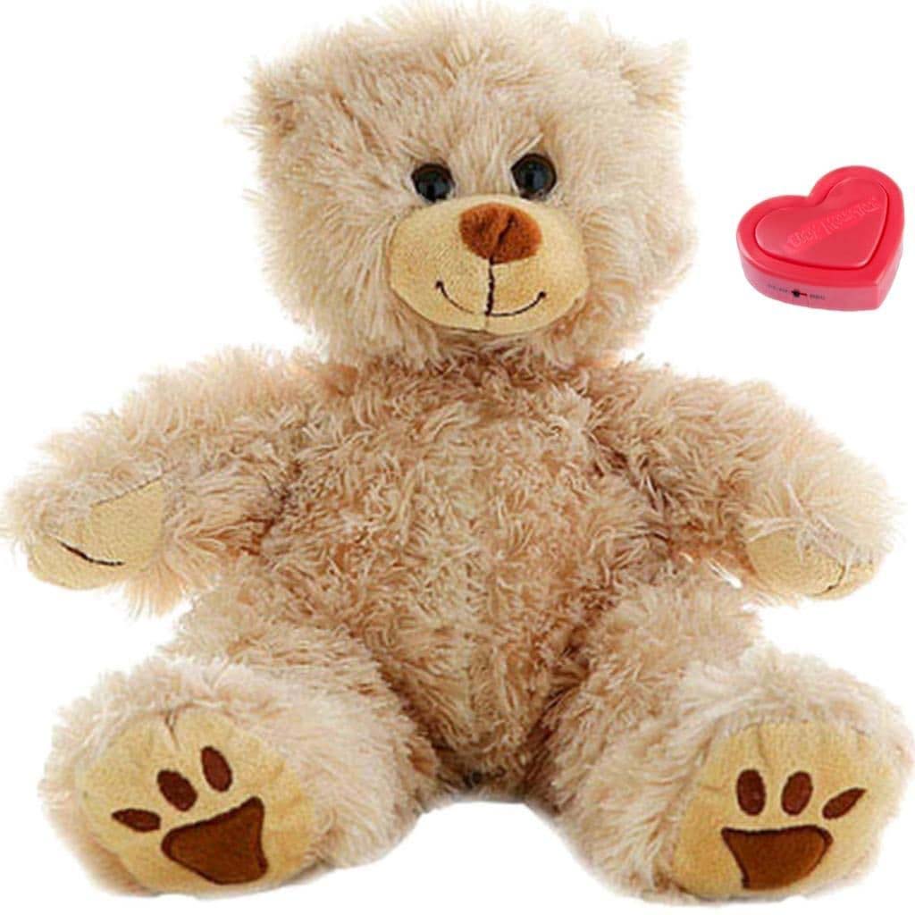 Beige teddy bear plush with embroidered paw pads, featuring a removable red heart-shaped voice recorder.