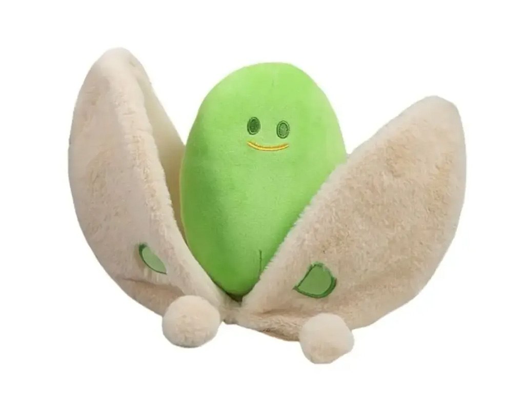Green plush pea toy wrapped in a soft beige pod, illustrating stuffed toy design and filling shape.