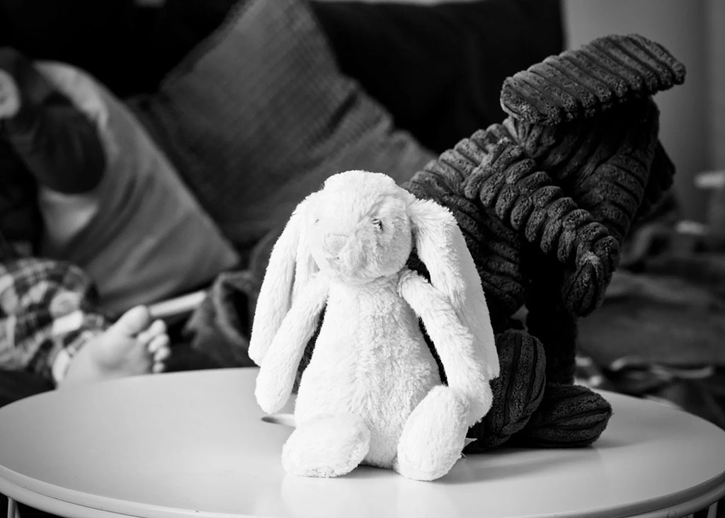 Black-and-white photo of two plush stuffed animals sitting back-to-back on a small round table, featuring a light-colored bunny plush and a dark textured teddy bear, with a cozy living room scene softly blurred in the background